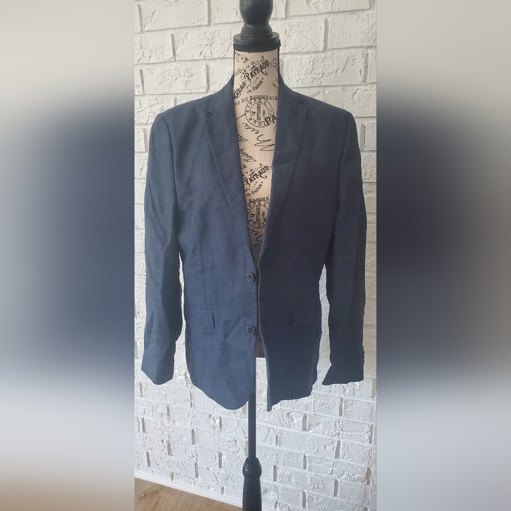 H&M Men's Sport Jacket Blazer Two Button Navy Blue 100% Linen Size 38R SLIM FIT